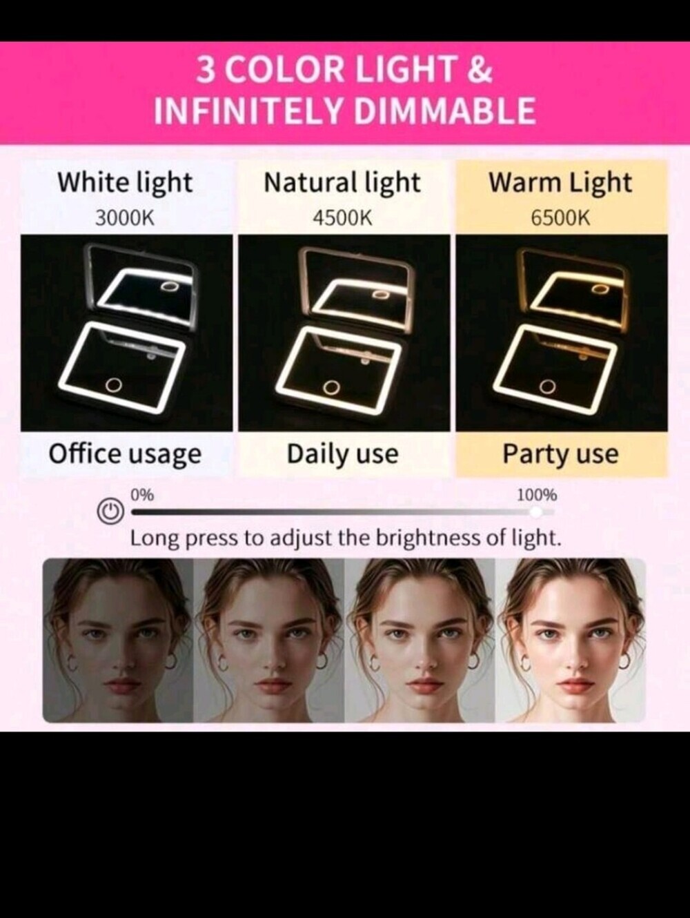 Compact LED Lighted Makeup Mirror - Pink - Picture 6 of 11